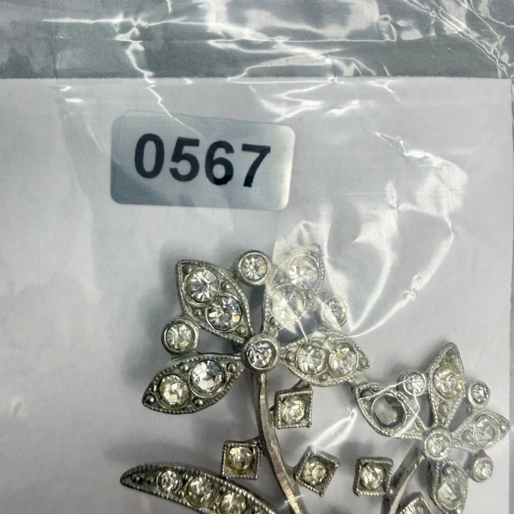 Vintage Pot Metal Floral Rhinestone Brooch c. 1940s Silver Tone Extra Large